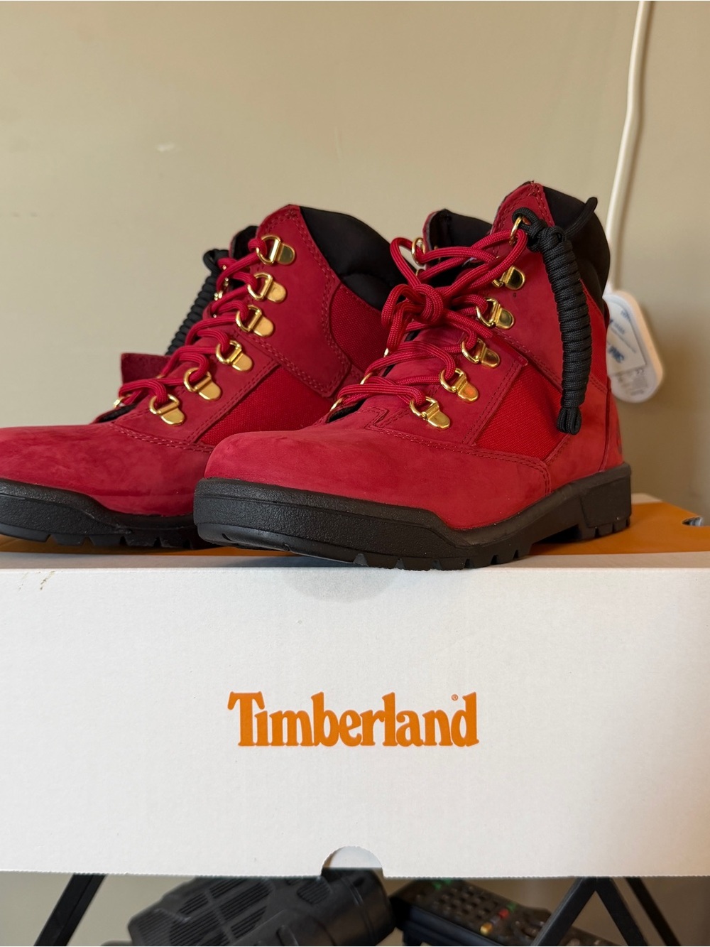 Timberland Kids Red Nubuck Lace-Up Hiking Boots with Black Soles